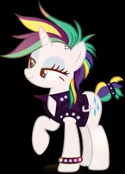 Size: 377x528 | Tagged: safe, artist:lauraselenaantonia, derpibooru import, rarity, pony, it isn't the mane thing about you, alternate hairstyle, black background, punk, raised hoof, raripunk, simple background, solo