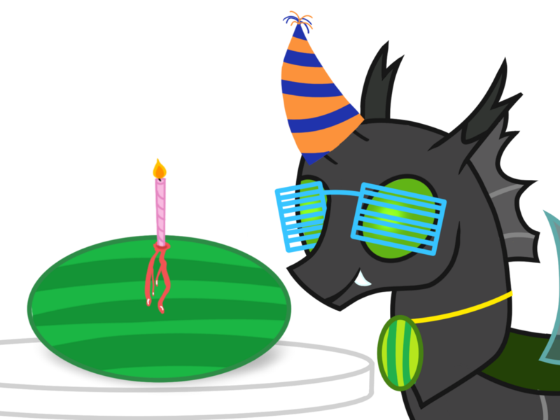 Size: 1067x800 | Tagged: artist:toyminator900, candle, changeling, changeling loves watermelon, changeling oc, derpibooru import, food, glasses, green changeling, hat, medallion, oc, oc:éling chang, party hat, safe, simple background, smiling, solo, transparent background, unofficial characters only, watermelon