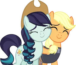 Size: 4535x3856 | Tagged: safe, artist:ironm17, derpibooru import, applejack, coloratura, earth pony, pony, the mane attraction, applejack's hat, clothes, clothes swap, cowboy hat, dress, eyes closed, female, hat, mare, rara, simple background, smiling, snuggling, transparent background, vector