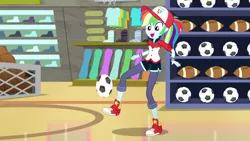 Size: 1280x720 | Tagged: safe, derpibooru import, screencap, rainbow dash, epic fails (equestria girls), eqg summertime shorts, equestria girls, ball, cap, clothes, converse, cute, female, hat, open mouth, shoes, sneakers, solo, store
