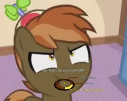 Size: 750x600 | Tagged: safe, artist:jan, derpibooru import, edit, button mash, earth pony, pony, button's adventures, angry, beanie, caption, colt, cropped, dialogue wheel, hat, image macro, male, mass effect, meme, solo, text
