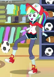 Size: 504x720 | Tagged: safe, derpibooru import, screencap, rainbow dash, epic fails (equestria girls), eqg summertime shorts, equestria girls, ball, cap, clothes, converse, cropped, female, hat, pants, shoes, smiling, sneakers