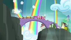 Size: 1280x720 | Tagged: bridge, cloud, derpibooru import, friendship express, house, mountain, no pony, rainbow falls, rainbow falls (location), rainbow waterfall, safe, scenery, screencap, train