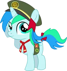 Size: 6651x7102 | Tagged: safe, artist:cyanlightning, derpibooru import, oc, oc:cyan lightning, unofficial characters only, unicorn, .svg available, absurd resolution, badge, colt, cyan's filly guides, filly guides, hat, looking at you, male, ribbon, salute, simple background, solo, transparent background, vector