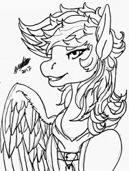 Size: 2176x2897 | Tagged: safe, artist:brainiac, derpibooru import, oc, oc:morning glory (project horizons), unofficial characters only, pegasus, pony, amputee, black and white, bust, chest fluff, clothes, female, grayscale, inktober, inktober 2017, mare, missing limb, missing wing, monochrome, one winged pegasus, simple background, smiling, solo, traditional art, white background