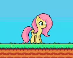 Size: 480x384 | Tagged: safe, artist:biel56789, derpibooru import, fluttershy, pegasus, pony, game:spike's quest, alternate hairstyle, blushing, cute, female, idle, pixel art, shyabetes, sky, solo