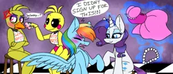 Size: 2095x899 | Tagged: safe, artist:ggchristian, derpibooru import, rainbow dash, rarity, pony, chica, clothes, crossover, dress, five nights at freddy's, forced makeover, jewelry, lipstick, magic, necklace, pearl necklace, rainbow dash always dresses in style, toy chica