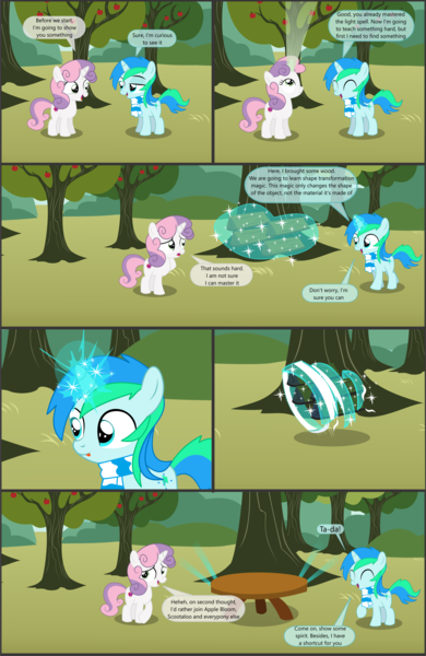 Size: 4551x7001 | Tagged: safe, artist:cyanlightning, derpibooru import, sweetie belle, oc, oc:cyan lightning, pony, unicorn, comic:cyan's adventure, .svg available, absurd resolution, apple, apple tree, colt, comic, female, filly, food, male, table, tree, vector, wood