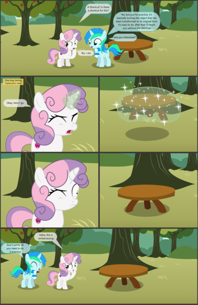 Size: 4552x7001 | Tagged: safe, artist:cyanlightning, derpibooru import, sweetie belle, oc, oc:cyan lightning, pony, unicorn, comic:cyan's adventure, .svg available, absurd resolution, apple, apple tree, blushing, colt, comic, female, filly, food, magic, male, rule 63, table, tree, vector