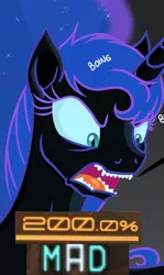 Size: 969x1625 | Tagged: safe, artist:darkest-lunar-flower, derpibooru import, edit, editor:watermelon changeling, nightmare moon, alicorn, pony, 200% mad, angry, caption, cropped, cute, evil, expand dong, exploitable meme, image macro, meme, missing accessory, open mouth, solo, text