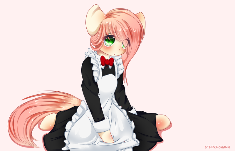 Size: 1000x642 | Tagged: safe, artist:little-sketches, derpibooru import, oc, oc:akarui sakura, unofficial characters only, pony, bowtie, clothes, cuffs (clothes), cute, female, kneeling, looking at you, maid, mare, simple background, solo