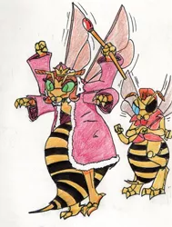 Size: 632x838 | Tagged: artist:kuroneko, bee, colored pencil drawing, crown, derpibooru import, eyepatch, g1, insect, jewelry, queen bumble, regalia, safe, simple background, sting (g1), traditional art, wasp, white background