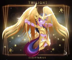 Size: 3840x3232 | Tagged: safe, artist:zidanemina, derpibooru import, twilight sparkle, twilight sparkle (alicorn), alicorn, pony, archer, armor, arrow, bow (weapon), bow and arrow, crossover, female, helmet, mare, sagittarius, saint seiya, solo, weapon, zodiac