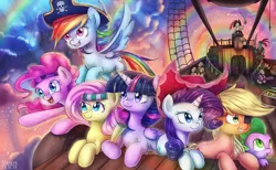 Size: 3303x2038 | Tagged: safe, artist:tcn1205, derpibooru import, applejack, captain celaeno, fluttershy, mullet (character), pinkie pie, rainbow dash, rarity, spike, twilight sparkle, twilight sparkle (alicorn), alicorn, dragon, earth pony, parrot pirates, pegasus, pony, unicorn, my little pony: the movie, airship, color porn, female, hat, image, mane seven, mane six, mare, pirate, pirate hat, png, rainbow, sky, sweet dreams fuel