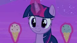 Size: 1920x1080 | Tagged: safe, derpibooru import, screencap, twilight sparkle, twilight sparkle (alicorn), alicorn, pony, once upon a zeppelin, season 7, cute, female, food, ice cream, ice cream cone, image, magic, mare, png, smiling, solo, telekinesis, twiabetes, two scoops
