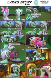 Size: 3928x6008 | Tagged: 3d, artist:goatcanon, comic, comic:lyra's story, derpibooru import, dialogue, flitter, lyra heartstrings, ponyville, safe, source filmmaker, train