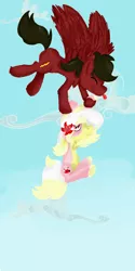 Size: 4000x8000 | Tagged: safe, artist:euspuche, derpibooru import, oc, oc:carmen garcía, oc:cloud rider, unofficial characters only, earth pony, pegasus, pony, cloud, female, flower, flower in hair, flying, sky, tongue out