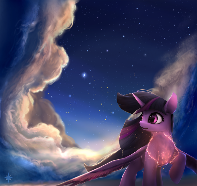 Size: 1750x1652 | Tagged: safe, artist:noctilucent-arts, derpibooru import, twilight sparkle, twilight sparkle (alicorn), alicorn, pony, cloud, female, flying, mare, scenery, sky, solo, stars, wallpaper