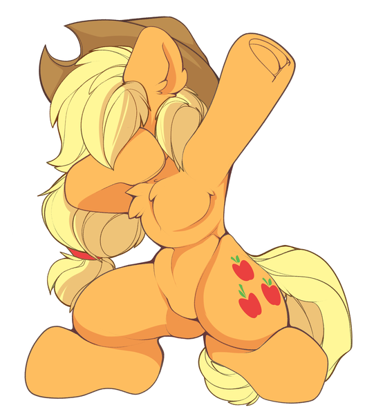 Size: 2656x3018 | Tagged: safe, artist:kribbles, derpibooru import, applejack, earth pony, pony, armpits, bipedal, chest fluff, cowboy hat, dab, female, frog (hoof), hat, simple background, solo, stetson, underhoof, white background