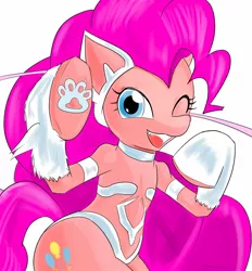 Size: 1300x1400 | Tagged: artist:汚自慰, cat ears, darkstalkers, derpibooru import, felicia, looking at you, one eye closed, paw gloves, paw prints, pinkie cat, pinkie pie, safe, simple background, white background, wink