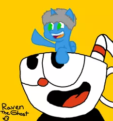 Size: 333x357 | Tagged: artist:raventheghost, crossover, cuphead, cuphead (character), cute, derpibooru import, digital art, oc, oc:raven blake, safe, simple background, yellow background