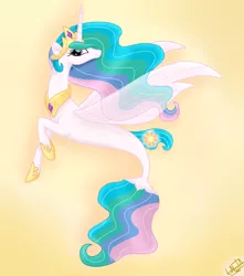 Size: 1150x1300 | Tagged: artist:liniitadash23, derpibooru import, female, fin wings, looking at you, my little pony: the movie, princess celestia, safe, sealestia, seaponified, seapony celestia, seapony (g4), simple background, smiling, solo, species swap, wings, yellow background