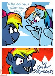 Size: 4822x6751 | Tagged: absurd resolution, artist:poecillia-gracilis19, comic, derpibooru import, dialogue, evil pie hater dash, i'm you but stronger, meme, rainbow dash, safe, secrets and pies, self paradox, self ponidox