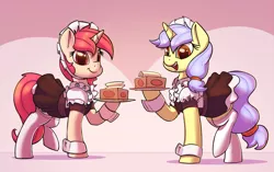 Size: 1900x1191 | Tagged: safe, artist:ponegranate, derpibooru import, oc, oc:poppy seed, oc:viewing pleasure, unofficial characters only, pony, unicorn, clothes, cufflinks, cuffs (clothes), duo, female, looking at you, maid, mare, socks, stockings, thigh highs, tissue, tissue box