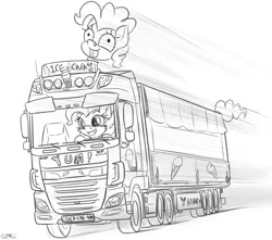 Size: 2500x2213 | Tagged: artist:orang111, daf, derpibooru import, doodle, driving, ice cream truck, monochrome, pinkie pie, safe, semi truck, sweet tooth (twisted metal), truck