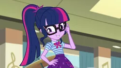 Size: 1920x1080 | Tagged: safe, derpibooru import, screencap, sci-twi, twilight sparkle, equestria girls, equestria girls series, overpowered (equestria girls), adorkable, cute, dork, female, geode of telekinesis, glasses, magical geodes, ponytail, solo