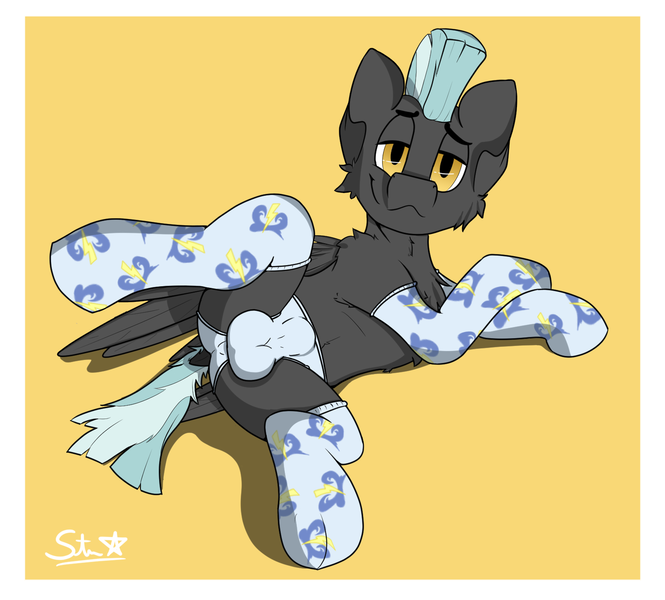 Size: 1613x1455 | Tagged: questionable, artist:starrypallet, derpibooru import, thunderlane, pegasus, pony, clothes, crossdressing, implied soarin', looking at you, lying, male, panties, presenting, side, socks, solo, solo male, underwear