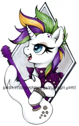 Size: 600x955 | Tagged: safe, artist:pingwinowa, derpibooru import, rarity, pony, it isn't the mane thing about you, alternate hairstyle, bad guitar anatomy, female, guitar, mare, musical instrument, punk, raripunk, solo