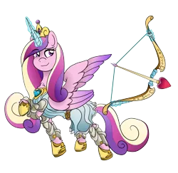 Size: 3600x3500 | Tagged: safe, artist:ghouleh, derpibooru import, princess cadance, alicorn, pony, armor, arrow, bow, bow (weapon), bow and arrow, clothes, crown, female, heart arrow, inktober, jewelry, magic, mare, regalia, simple background, solo, telekinesis, transparent background, weapon