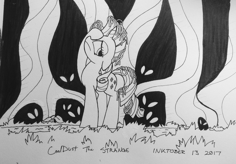 Size: 1280x891 | Tagged: safe, artist:coaldustthestrange, derpibooru import, rarity, pony, unicorn, it isn't the mane thing about you, hair, inktober, menacing eyes, sill string, solo, traditional art