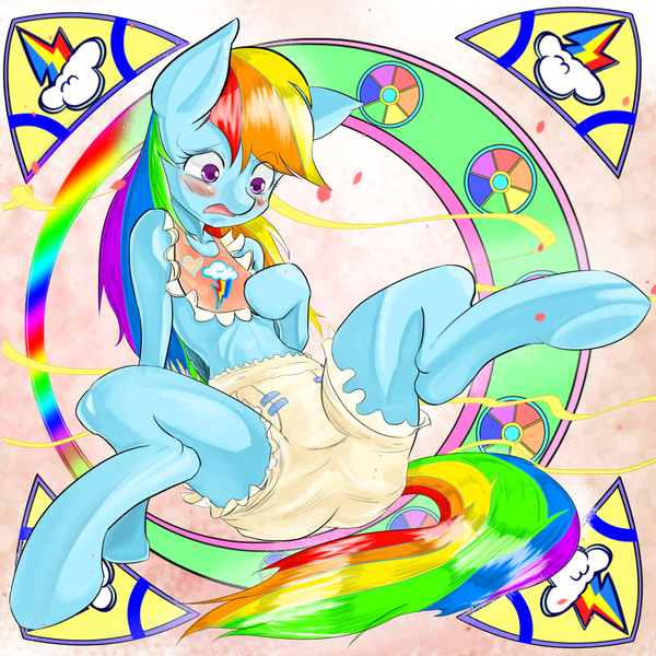 Size: 1450x1450 | Tagged: artist:汚自慰, bib, blushing, derpibooru import, diaper, diaper fetish, embarrassed, fetish, questionable, rainbow dash, spreading, spread legs, underhoof