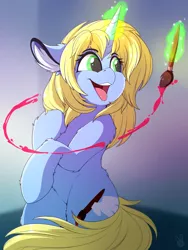 Size: 1879x2495 | Tagged: safe, artist:meggchan, derpibooru import, oc, oc:art's desire, unofficial characters only, unicorn, ear fluff, female, glowing horn, happy, horn, magic, mare, paint, paintbrush, smiling, solo, telekinesis