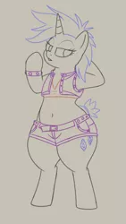 Size: 334x593 | Tagged: safe, artist:andelai, derpibooru import, rarity, semi-anthro, unicorn, it isn't the mane thing about you, alternate hairstyle, belly button, bracelet, clothes, female, jewelry, lidded eyes, punk, raripunk, shorts, sketch, solo, vest, wide hips