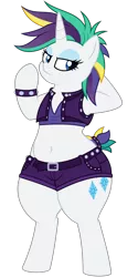 Size: 4688x9375 | Tagged: safe, artist:andelai, artist:besttubahorse, derpibooru import, rarity, semi-anthro, unicorn, it isn't the mane thing about you, absurd resolution, alternate hairstyle, belly button, belt, bipedal, bracelet, chubby, clothes, collaboration, female, jewelry, lidded eyes, midriff, punk, raripunk, shorts, simple background, solo, transparent background, unamused, vector, vector trace, vest, wide hips