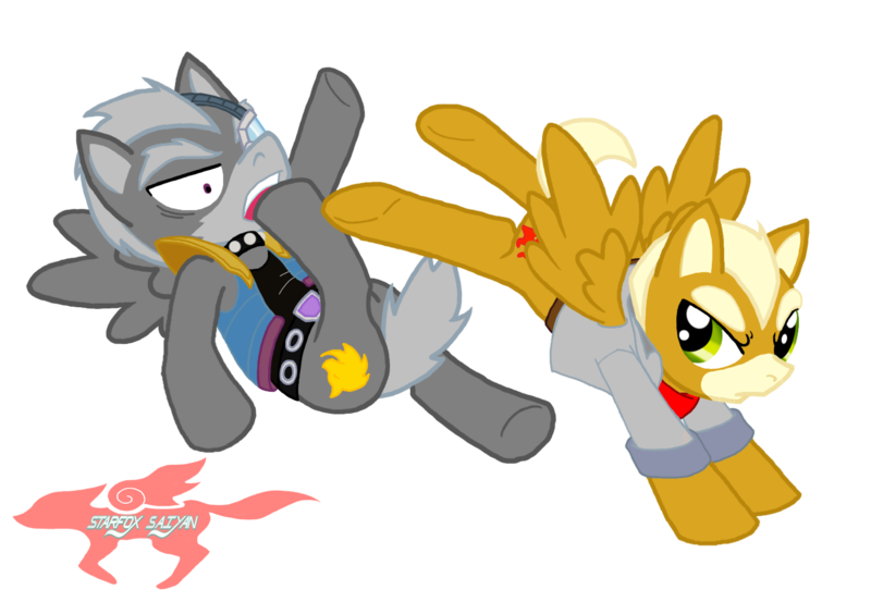 Size: 1401x968 | Tagged: safe, artist:starfox-saiyan, derpibooru import, ponified, pony, can't let you do that, fox mccloud, star fox, wolf o'donnell, you're good but i'm better