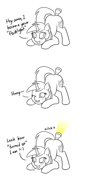 Size: 1280x2560 | Tagged: questionable, artist:mkogwheel, derpibooru import, lyra heartstrings, pony, unicorn, bedroom eyes, blushing, comic, dialogue, face down ass up, female, flashlight (object), funny, funny porn, implied anon, insertion, monochrome, one eye closed, pun, silly, silly pony, simple background, smiling, solo, solo female, turned on, vaginal insertion, white background