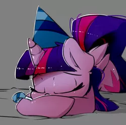 Size: 1913x1887 | Tagged: safe, artist:bloodatius, derpibooru import, twilight sparkle, twilight sparkle (alicorn), alicorn, pony, hat, noisemaker, party hat, party horn, sleeping, solo