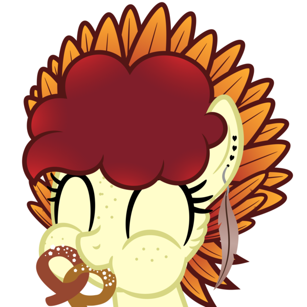 Size: 9375x9375 | Tagged: safe, artist:besttubahorse, derpibooru import, oc, oc:chimie changa, unofficial characters only, hybrid, pony, absurd resolution, aweeg*, bust, ear piercing, female, food, freckles, happy, nom, pegaphoenix, piercing, pretzel, simple background, solo, transparent background, vector
