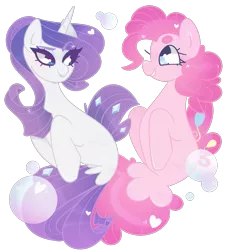 Size: 1169x1280 | Tagged: artist:euphoriapony, bubble, derpibooru import, female, lesbian, mare, my little pony: the movie, pinkie pie, raripie, rarity, safe, seaponified, seapony (g4), seapony pinkie pie, seapony rarity, shipping, simple background, smiling, species swap, transparent background