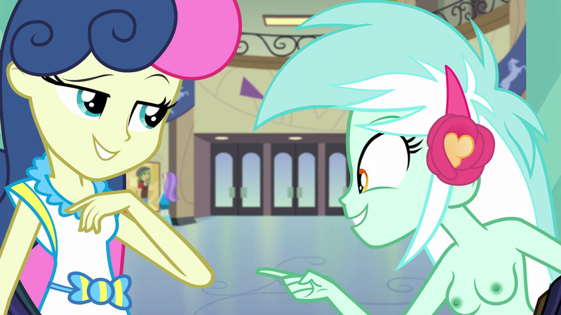 Size: 1280x720 | Tagged: questionable, derpibooru import, edit, edited edit, edited screencap, editor:ah96, editor:slayerbvc, screencap, bon bon, lyra heartstrings, sweetie drops, all's fair in love and friendship games, equestria girls, friendship games, breasts, canterlot high, casual nudity, clothed female nude female, clothes, female, lesbian, lyrabon, nipples, nude edit, nudity, partial nudity, partial nudity edit, shipping, topless