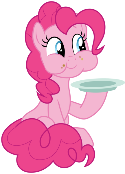 Size: 1375x1909 | Tagged: safe, artist:sonofaskywalker, derpibooru import, pinkie pie, pony, daring done?, female, mare, plate, simple background, sitting, smiling, solo, transparent background, vector