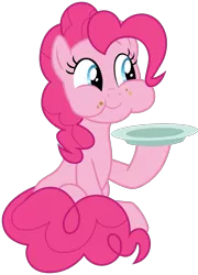 Size: 1375x1909 | Tagged: safe, artist:sonofaskywalker, derpibooru import, pinkie pie, pony, daring done?, female, mare, plate, simple background, sitting, smiling, solo, transparent background, vector