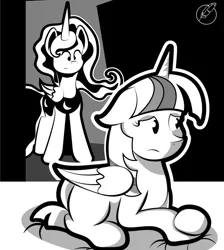 Size: 800x891 | Tagged: alicorn, artist:moonlightfan, bed, cover art, derpibooru import, monochrome, princess luna, safe, twilight sparkle, twilight sparkle (alicorn)