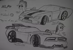 Size: 900x618 | Tagged: applejack, artist:ricky47, car, derpibooru import, hot wheels, (hw) fash fish, (hw) pony up, rainbow dash, safe, traditional art