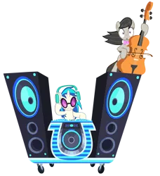 Size: 8112x8914 | Tagged: safe, artist:greenmachine987, derpibooru import, octavia melody, vinyl scratch, earth pony, pony, unicorn, slice of life (episode), absurd resolution, bipedal, cello, female, mare, musical instrument, open mouth, shocked, simple background, transparent background, turntable, vector, wubcart