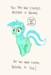 Size: 604x888 | Tagged: artist needed, safe, derpibooru import, lyra heartstrings, pony, unicorn, bronybait, cute, humie, irrational exuberance, lyra's humans, lyrabetes, meme, motivational, positive ponies, simple background, smiling, solo, speech bubble, that pony sure does love humans, white background